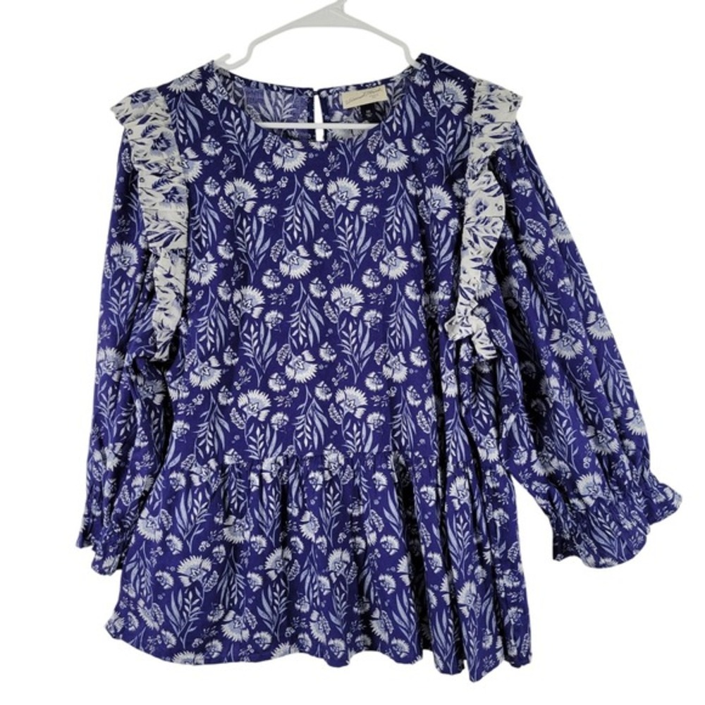 Universal Thread Peplum Blouse Women XXL Blue Floral Ruffle Shoulder Long Sleeve